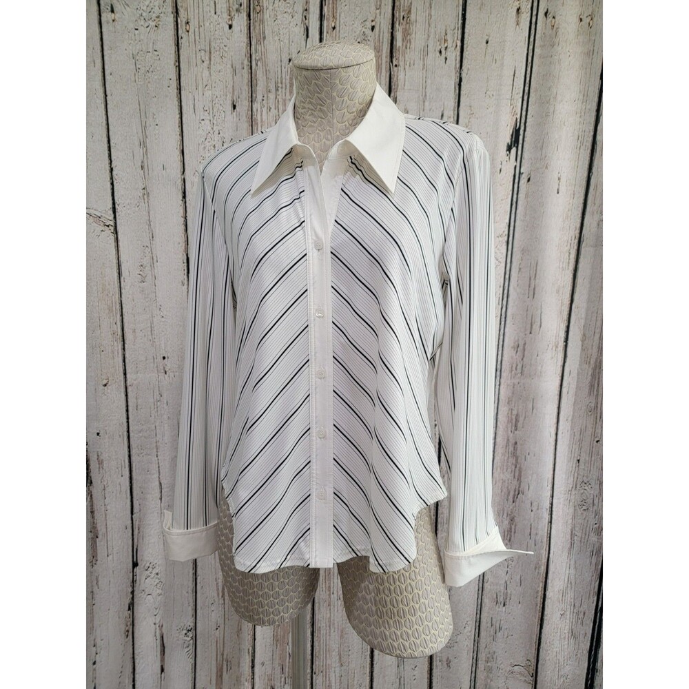 White Striped Button-Front Long Sleeve Blouse